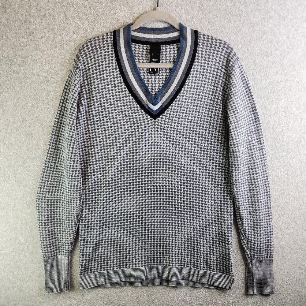 Cold Method Sweater Mens XL Gray Houndstooth Silk Blend V Neck Preppy College